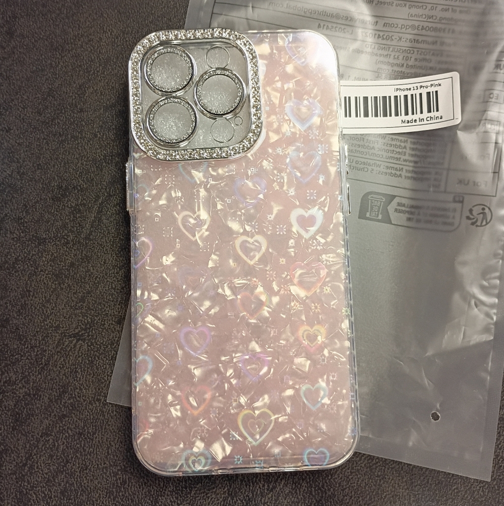 iPhone 13 Pro Pink Glitter Heart Transparent Shockproof Silicone Back Case - Picture 2 of 9